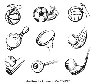 monochrome collection of various sport balls 