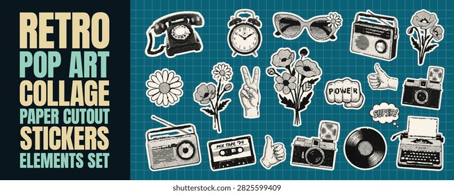 Monochrome collection of vintage objects and symbols in paper cutout sticker style. Pack includes old cameras rotary phones flowers hand gestures like thumbs up and peace sign plus typewriter and record player. Dotted halftone art for classic retro magazine scrapbook and trendy design elements.