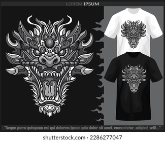 Monochrome color dragon head mandala arts isolated on black and white t shirt.