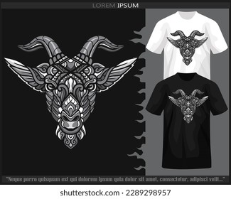 Monochrome color goat head mandala arts isolated on black and white t shirt.