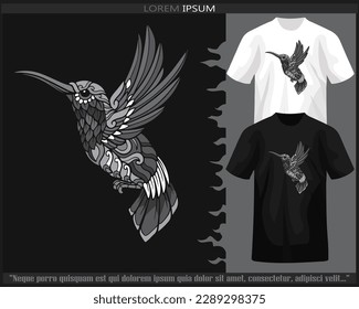 Monochrome color humming bird mandala arts isolated on black and white t shirt.