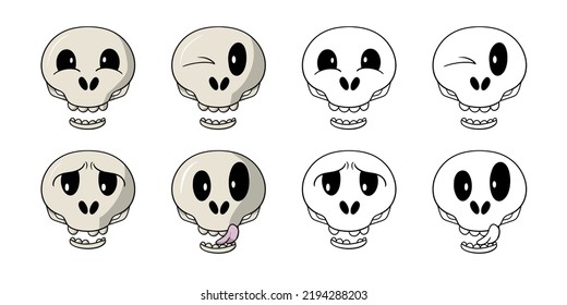 Monochrome and color icons, a collection of Funny cute skulls for the holiday, horizontal vector illustration in cartoon style on a white background
