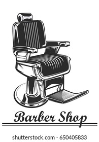 Monochrome color illustration of barbershop chair. Leather with chrome elements. Isolated on white background