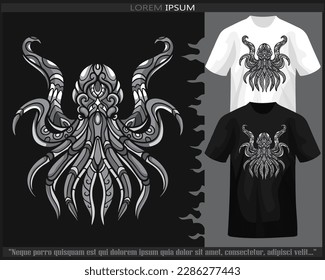 Monochrome color kraken octopus mandala arts isolated on black and white t shirt.