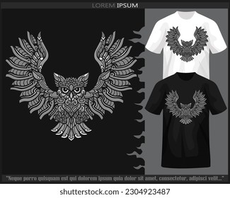 Monochrome color Owl bird mandala arts isolated on black and white t shirt.