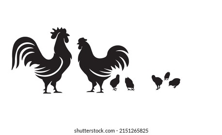 Monochrome color silhouette of a rooster, hen and chick