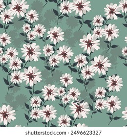 monochrome color a solid simple small chamomile flower with stalk leaves, all over vector design with bright solid background illustration digital image for textile printing factory