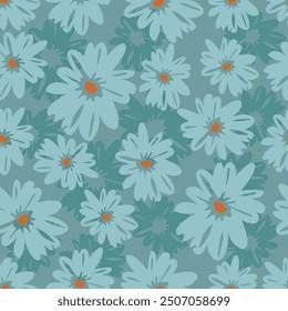 monochrome color a solid simple small chamomile flower with stalk leaves, all over vector design with bright solid background illustration digital image for textile printing factory