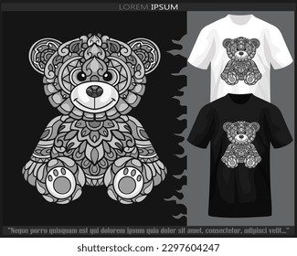 Monochrome color teddy bear mandala arts isolated on black and white t shirt.