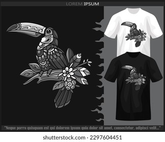 Monochrome color Toucan bird mandala arts isolated on black and white t shirt.