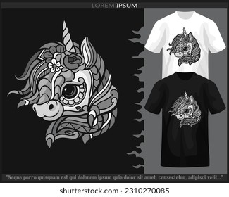 Monochrome color unicorn head mandala arts isolated on black and white t shirt.