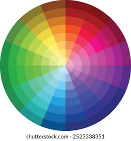 monochrome color wheel with shades and tone covered color guide chart.