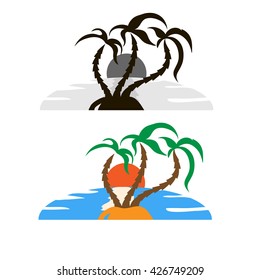 Monochrome and colored palms, ocean, island and sun. Can be use for label, logo and design elements.