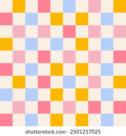 Monochrome colorful seamless repeat pattern with checkered. Modern retro illustration for decoration. Aesthetic vector print in style 60s, 70s.