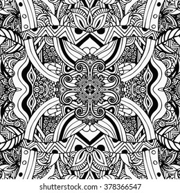 Monochrome, coloring, black and white pattern. Boho style, ethnic ornament. Vintage decorative elements. Abstract floral plant drawing. Oriental tracery, hippie, fantasy. Textile print, Fabric design