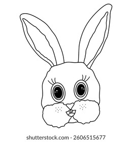 Monochrome coloring page with the head of a smiling Easter bunny. Ideal for festive crafts with animal and kids activities.
