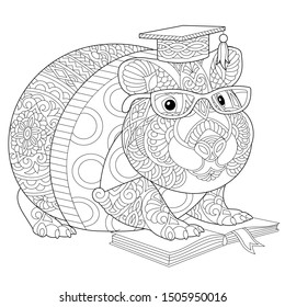 Monochrome colouring picture with hamster or guinea pig reading a book. Freehand coloring page with doodle and zentangle elements.