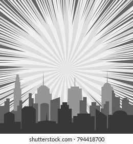 Monochrome comic background with city silhouette rays and twisted radial background in gray colors in pop art style. Vector illustration