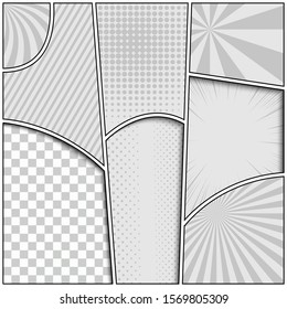 Monochrome comic composition with different humor effects and checkered pattern. Vector illustration