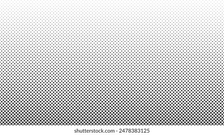Monochrome comic dotted gradient background in retro style, banner with points, dots, rounds, circles, stars, rhombus. Abstract halftone texture. Black and white banner. Vector EPS10