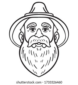 monochrome comic drawing of a bavarian man with full beard and hat. avatar, outline, vector, tradition.