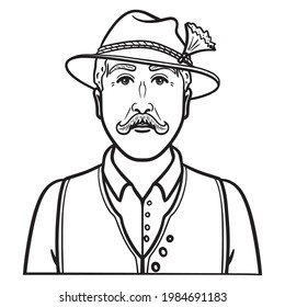 monochrome comic drawing of a farmer with mustache. hat, vest. isolated, vector.