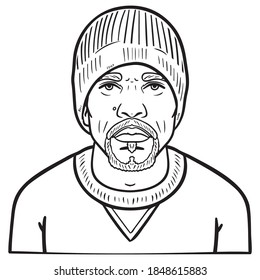 monochrome comic drawing of a man with a hat and beard. avatar, emotion.