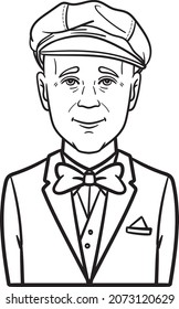 monochrome comic drawing of a man with a suit, bow tie and cap. outline, avatar.