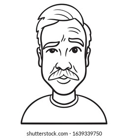 monochrome comic drawing. portrait of a young man with a mustache who has raised an eyebrow and is looking funny. outline, doode.