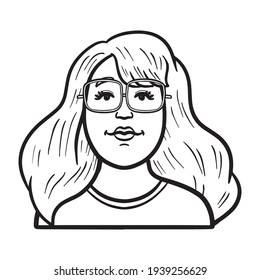 monochrome comic illustration of a chubby woman. avatar, emotion, glasses.