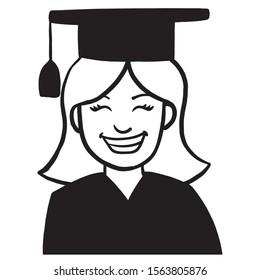 monochrome comic illustration of a graduate student with blond hair and a hat on his head laughing. avatar, vector.