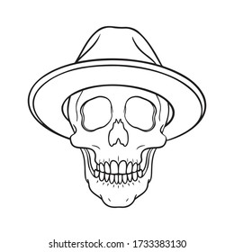 monochrome comic illustration of a skull with hipster hat. isolated, outline.