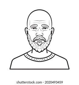 monochrome comic outline avatar. old man with bald head and beard.