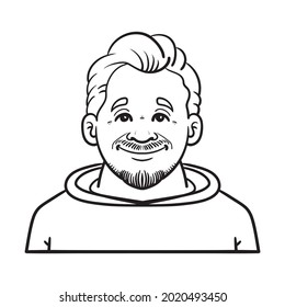 monochrome comic outline avatar. young man with sweater and beard.
