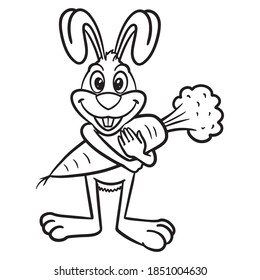 monochrome comic outline hare with big carrot in his arms. funny, cute, character design.