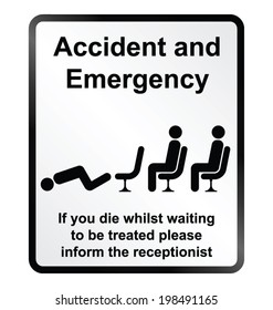 Monochrome comical accident and emergency public information sign isolated on white background