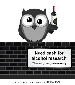 Monochrome comical alcoholic drink research sign on brick wall isolated on white background