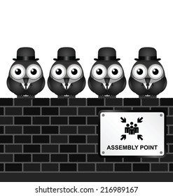 Monochrome comical assembly point sign on brick wall