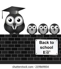 Monochrome comical back to school sign on brick wall isolated on white background