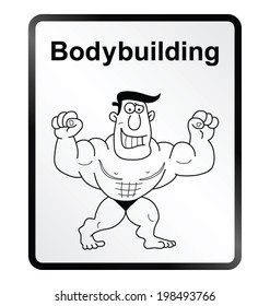 Monochrome comical bodybuilder public information sign isolated on white background