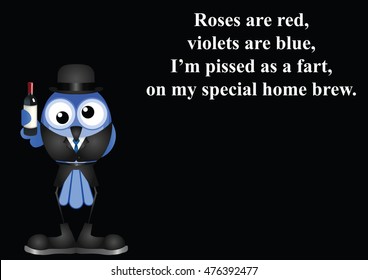 Monochrome comical drunk on home brew wine poem on black background with copy space for own text