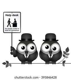 Monochrome comical help desk sign for people unable to think for themselves with bird businessmen perched on a branch isolated on white background