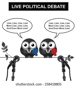 Monochrome comical live political debate with politicians spouting lies and more lies isolated on white background