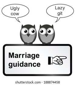 Monochrome comical marriage guidance sign isolated on white background
