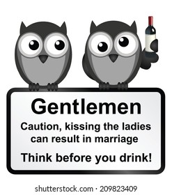 Monochrome comical men kissing the ladies whilst drunk warning sign isolated on white background