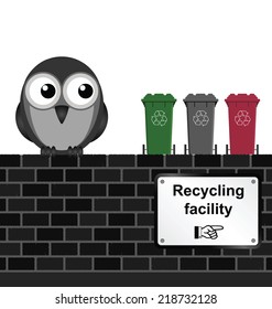 Monochrome comical recycling facility sign on brick wall isolated on white background