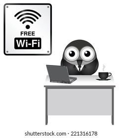 Monochrome comical representation of free WiFi at an internet cafe isolated on white background