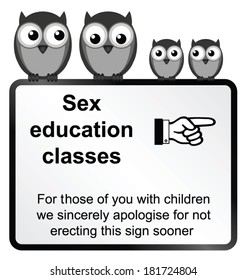 Monochrome Comical Sex Education Sign Isolated On White Background