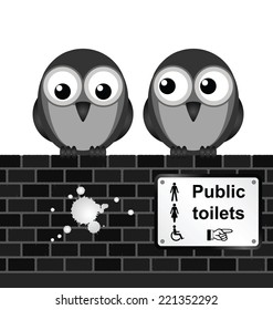 Monochrome comical toilet sign on brick wall isolated on white background