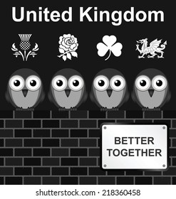 Monochrome comical United Kingdom better together sign on brick wall isolated on white background